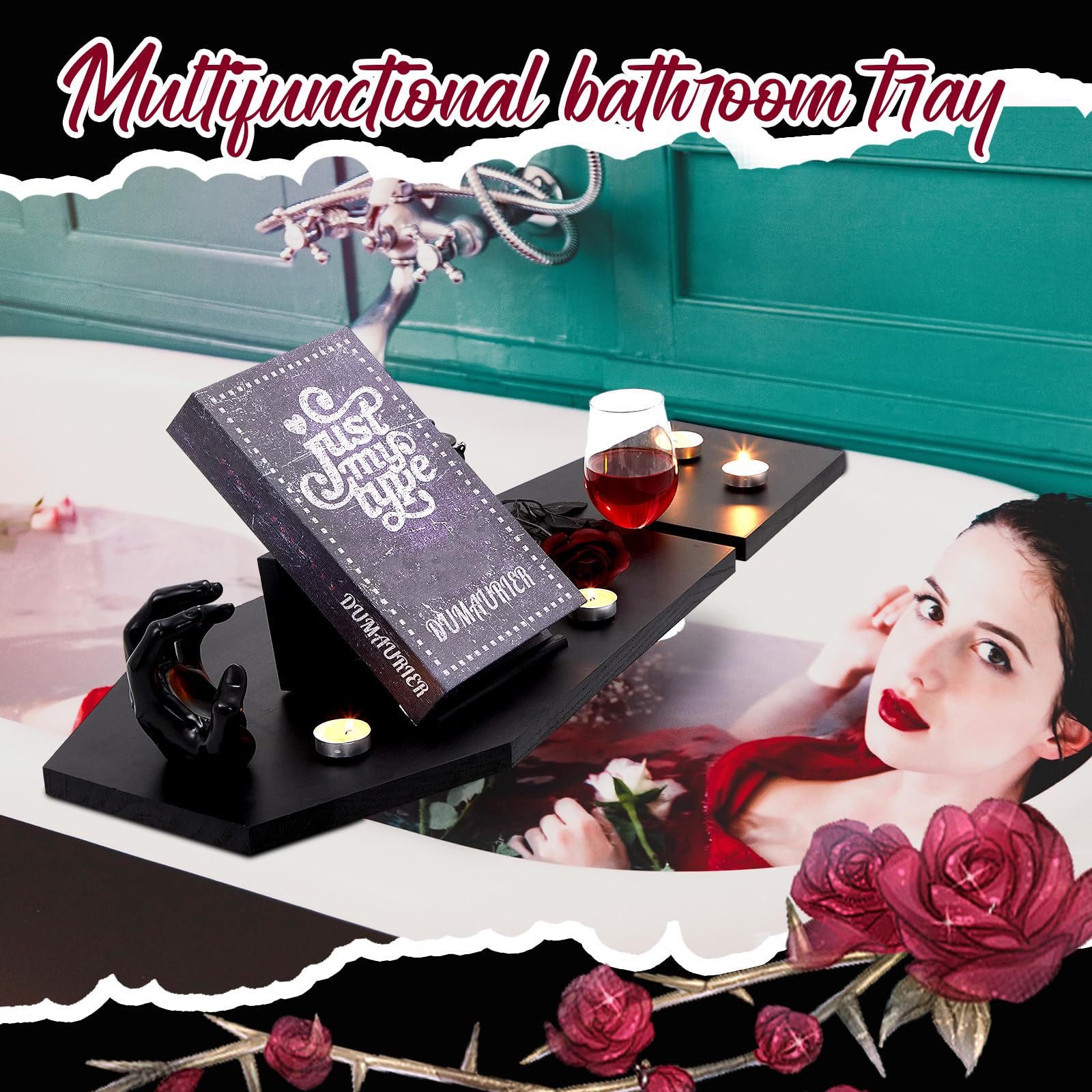 Barydat Halloween Coffin Bath Tray with Wine Notch Goth Bathtub Tray with Book Tablet Stand Bathtub Caddy Tray Bath Board Gothic Bathroom Accessories Halloween Decor Pastel Goth Decor Gothic Furniture