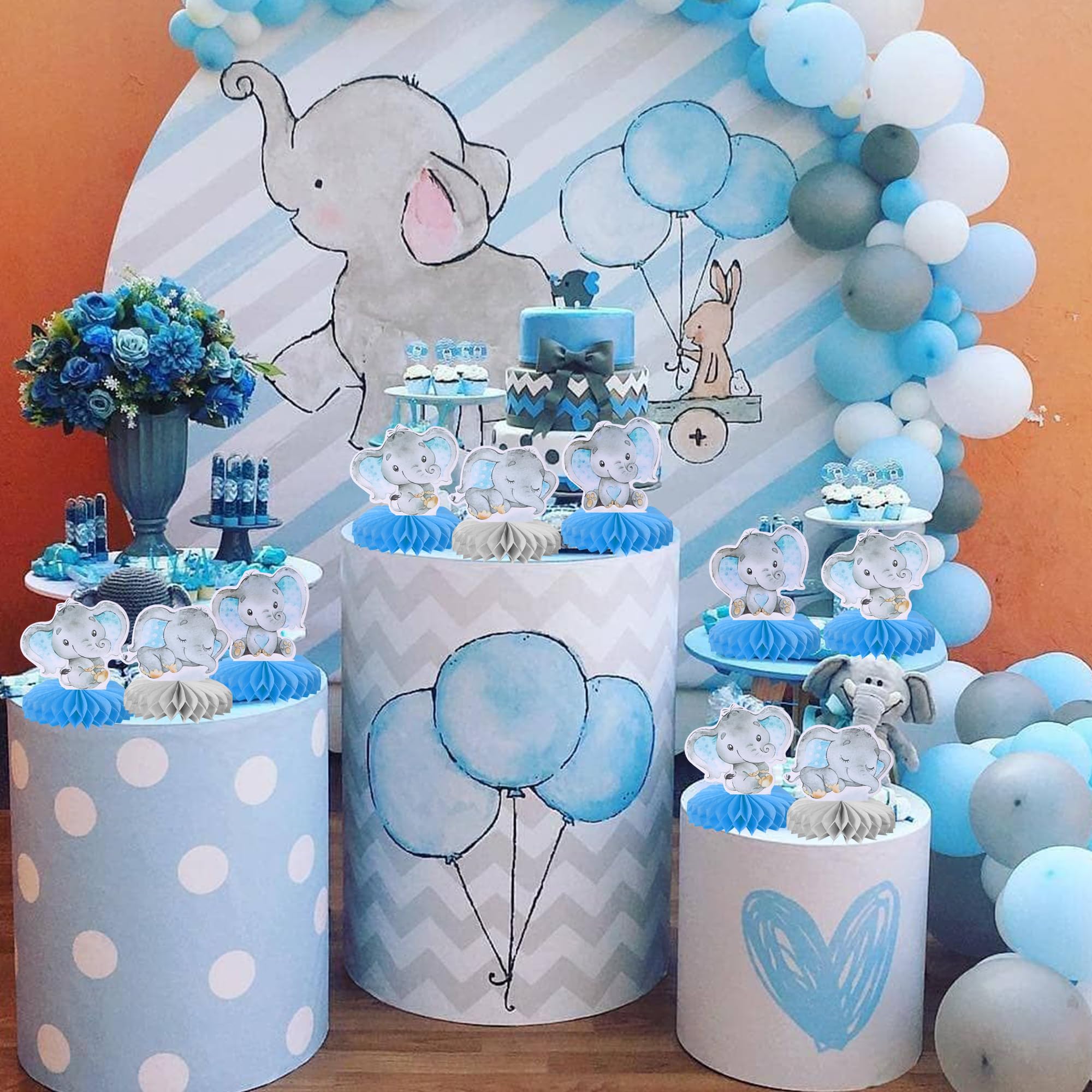 6 PCS Blue Elephant Honeycomb Table Centerpiece It's a Boy Baby Shower Table Toppers Centerpieces Decro for Elephant Theme Gender Reveal Baby Shower Birthday Party Table Decorations Supplies