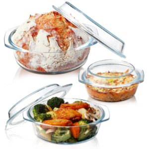 nutriups round glass casserole dish set, glass casseroles cookware with glass lid, glass casserole dish with lid(set of 3-0.65l+1l+1.4l)