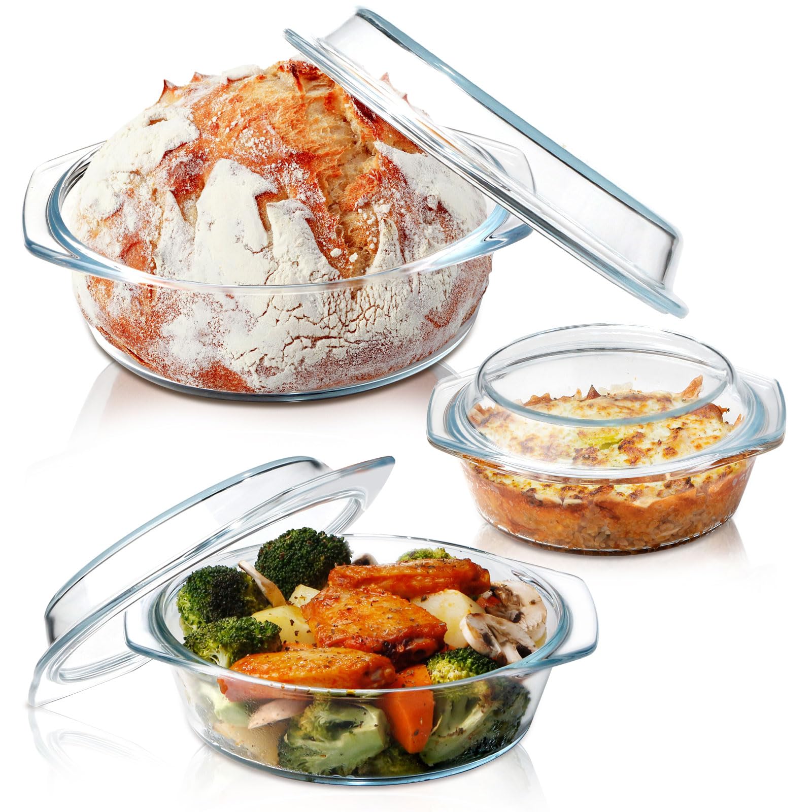 NUTRIUPS Round Glass Casserole Dish Set, Glass Casseroles Cookware with Glass Lid, Glass Casserole Dish With Lid(Set of 3-0.65L+1L+1.4L)