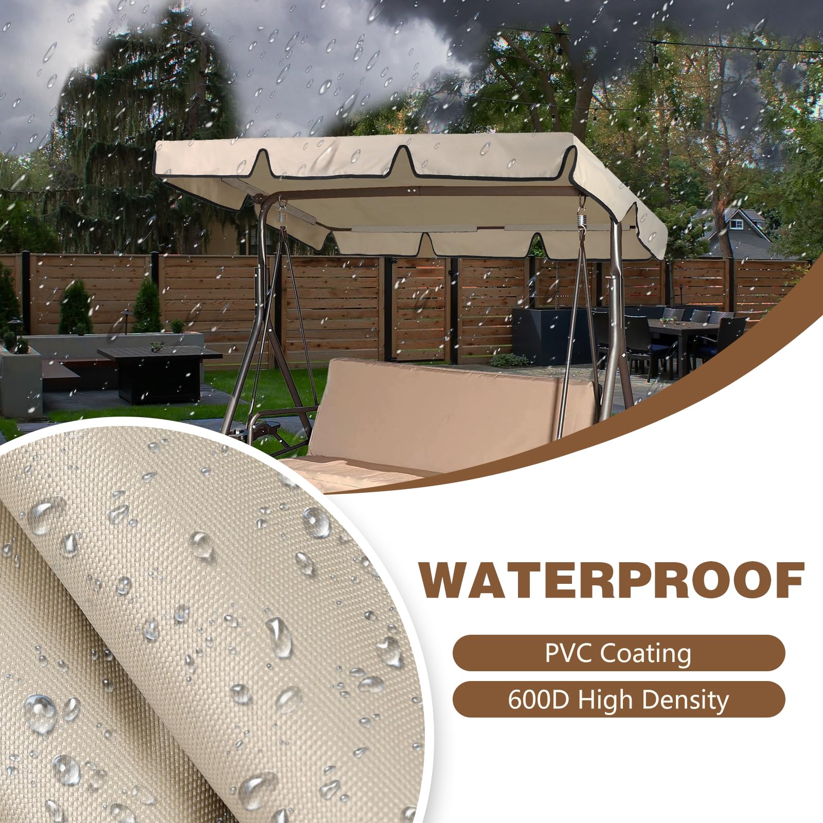 CHENGWEI 600D Outdoor Swing Canopy Replacement Top,Waterproof Patio Swing Canopy Replacement,3 Seat Porch Swing Canopy Replacement Sunshade and Rainproof(77" W x 43" D x 5.9" H Beige)