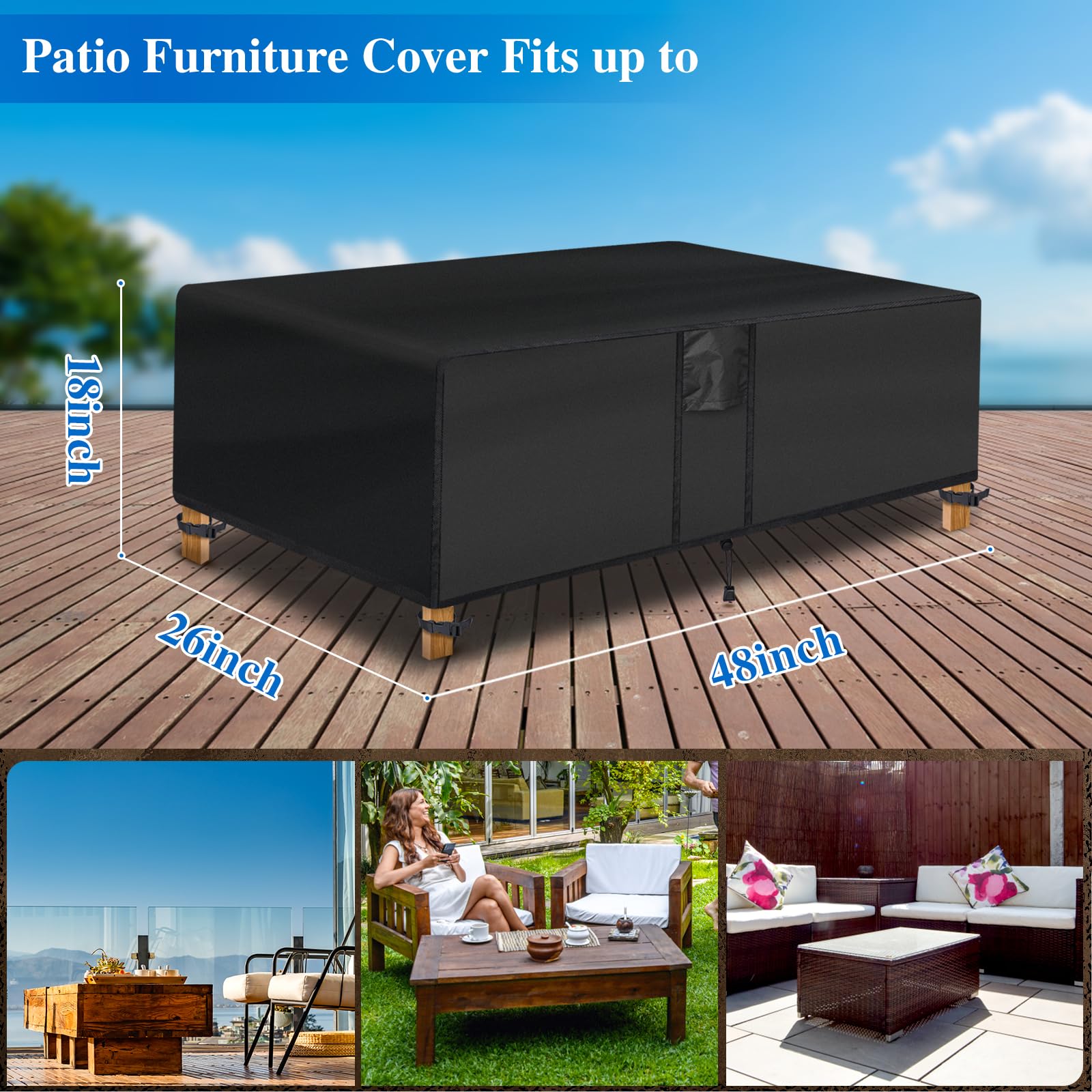 SUPERHOLD Outdoor Coffee Table Cover - Waterproof Rectangular Patio Coffee Table Cover (48L x 26W x 18H inches, Black) Outdoor Small Side Table Cover Patio Furniture Covers for Outdoor Furniture