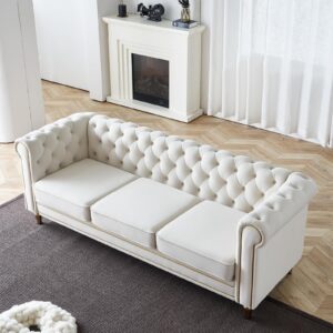 Neylory Modern Velvet Sofa Couch for Living Room,85 Inch 3 Seater Chesterfield Couches with Button Tufted Back and Roll Arms,Upholstered Sofas for Bedroom,Apartment,Office Beige