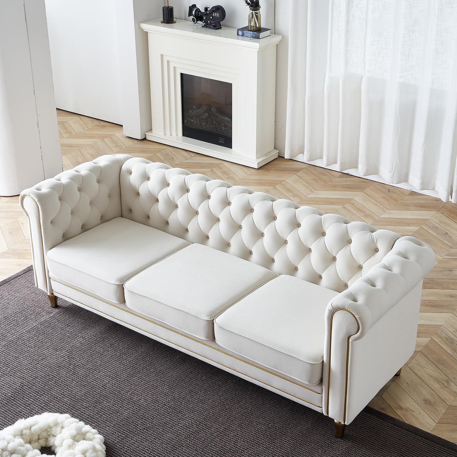 Neylory Modern Velvet Sofa Couch for Living Room,85 Inch 3 Seater Chesterfield Couches with Button Tufted Back and Roll Arms,Upholstered Sofas for Bedroom,Apartment,Office Beige