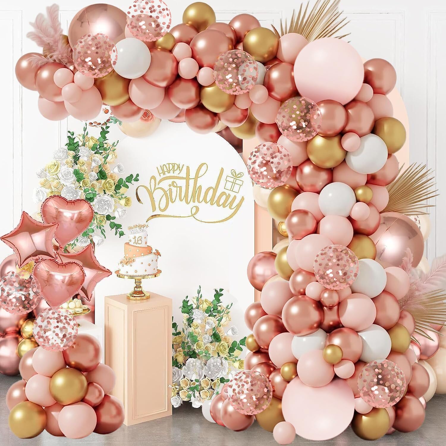 Rose Gold Balloon Garland Arch Kit,Pink and Gold White Rose Gold Confetti Latex Balloons for Baby Shower Wedding Birthday Graduation Anniversary Bachelorette Party Decorations…