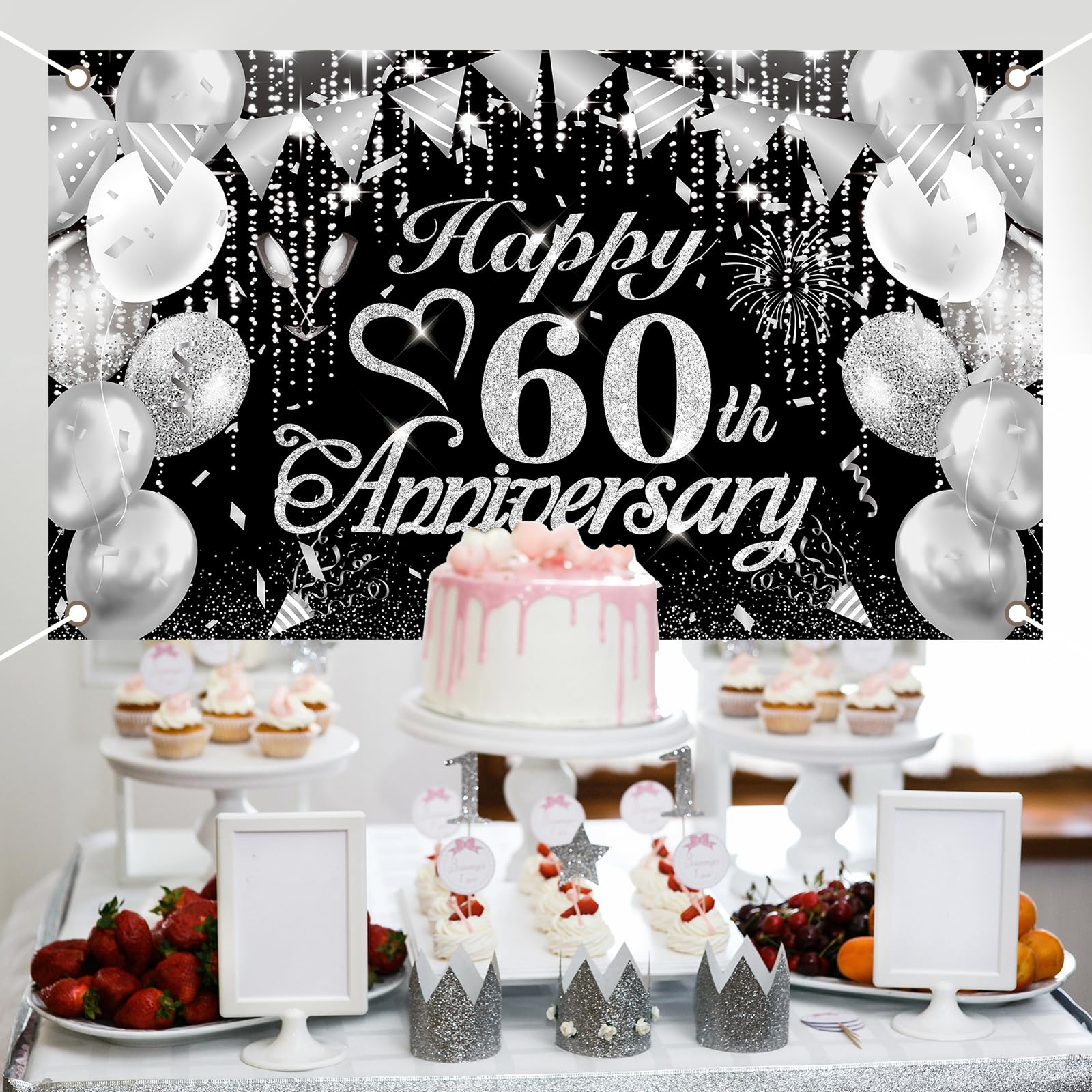 Rumia 60th Anniversary Decorations Black Silver Happy 60th Banner 60th Diamond Wedding for 60th Anniversary, Party 72.8x43.3 inches A818L1B1