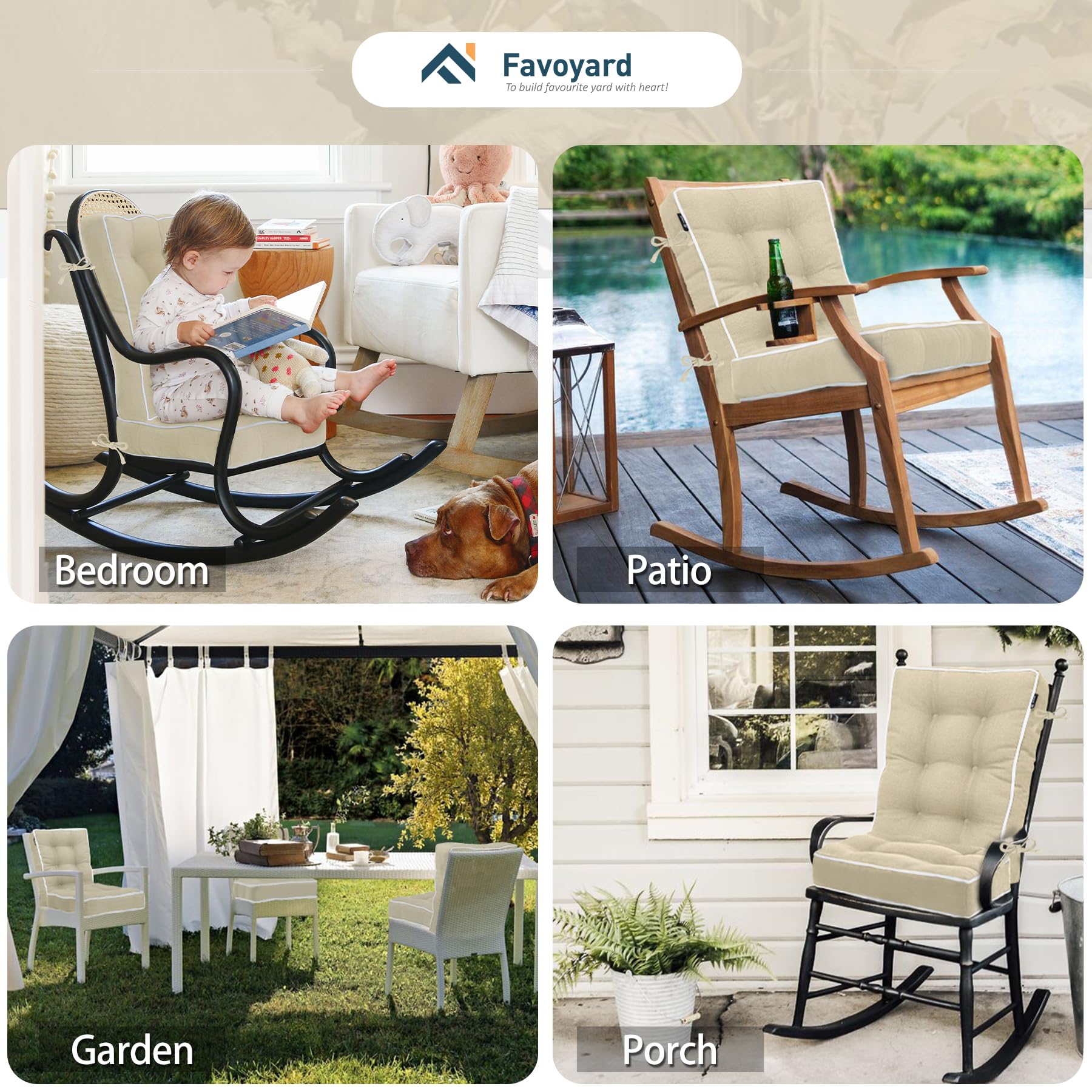 Favoyard Rocking Chair Cushion Set, Indoor & Outdoor Rocker Cushions, Water Resistant Seat Cushion Set for Patio Furniture 3-Year Color Fastness Chair Pads with Ties, Beige