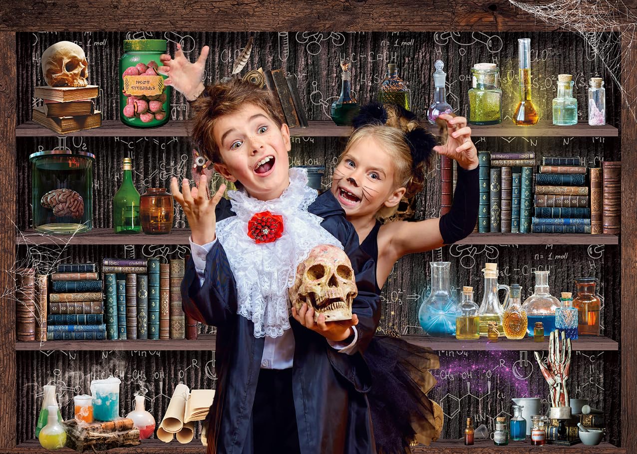 Mad Scientist Laboratory Backdrop for Kids Halloween Magic School Background Spooktakular Creepy Skull Poison Apothecary Witch Kitchen Hallowmas Baby Shower Party Decorations Banner (7X5FT(82x59inch))