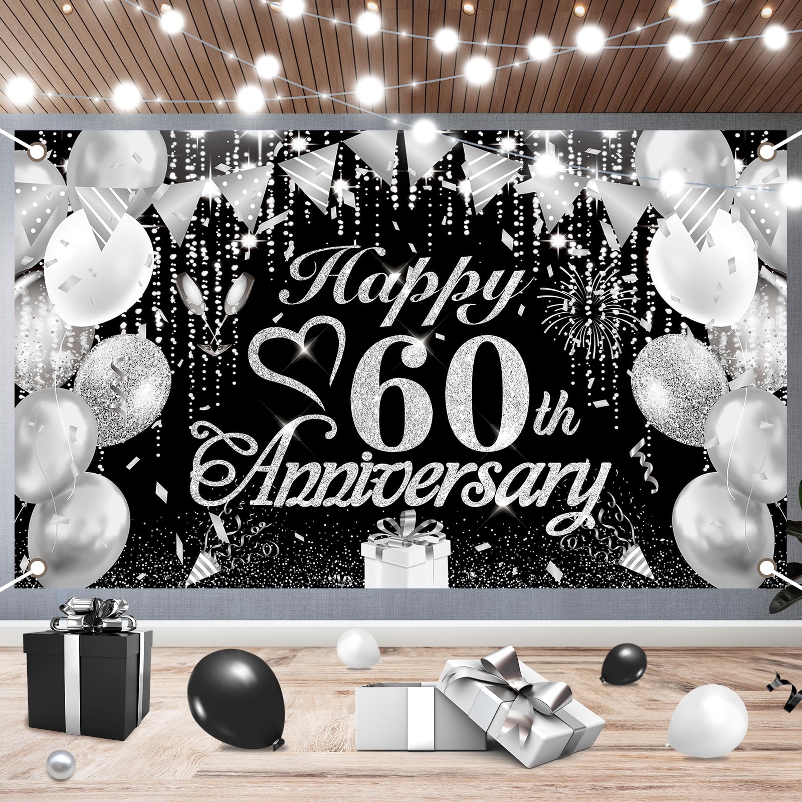 Rumia 60th Anniversary Decorations Black Silver Happy 60th Banner 60th Diamond Wedding for 60th Anniversary, Party 72.8x43.3 inches A818L1B1