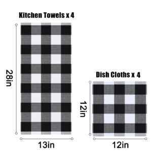 Homaxy Kitchen Towels and Dishcloths Set, 12 x 12 and 13 x 28 Inches, Set of 8 Bulk Cotton Waffle Weave Check Plaid Kitchen Towels, Super Soft and Absorbent Dish Towels, White & Black