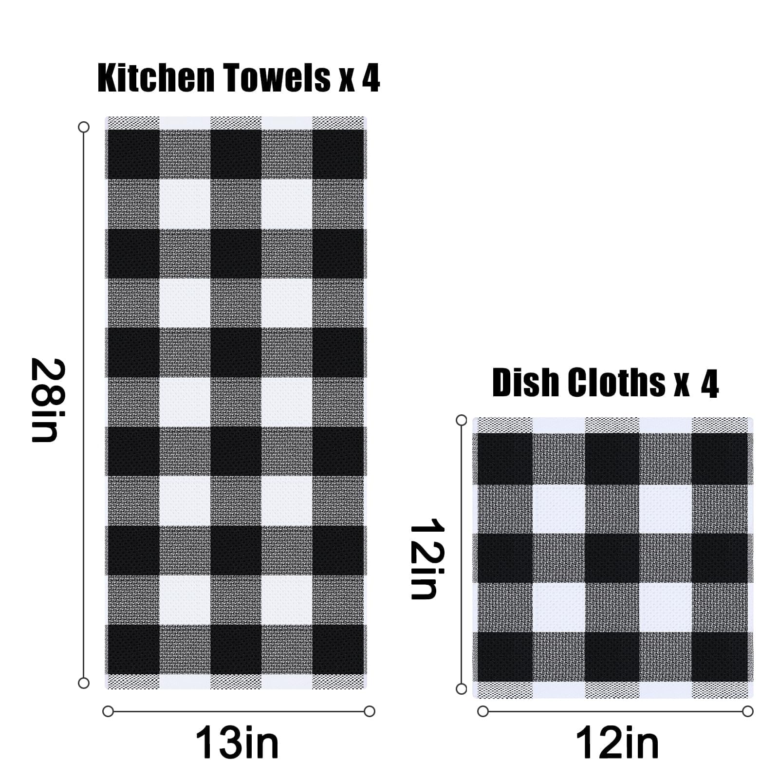 Homaxy Kitchen Towels and Dishcloths Set, 12 x 12 and 13 x 28 Inches, Set of 8 Bulk Cotton Waffle Weave Check Plaid Kitchen Towels, Super Soft and Absorbent Dish Towels, White & Black