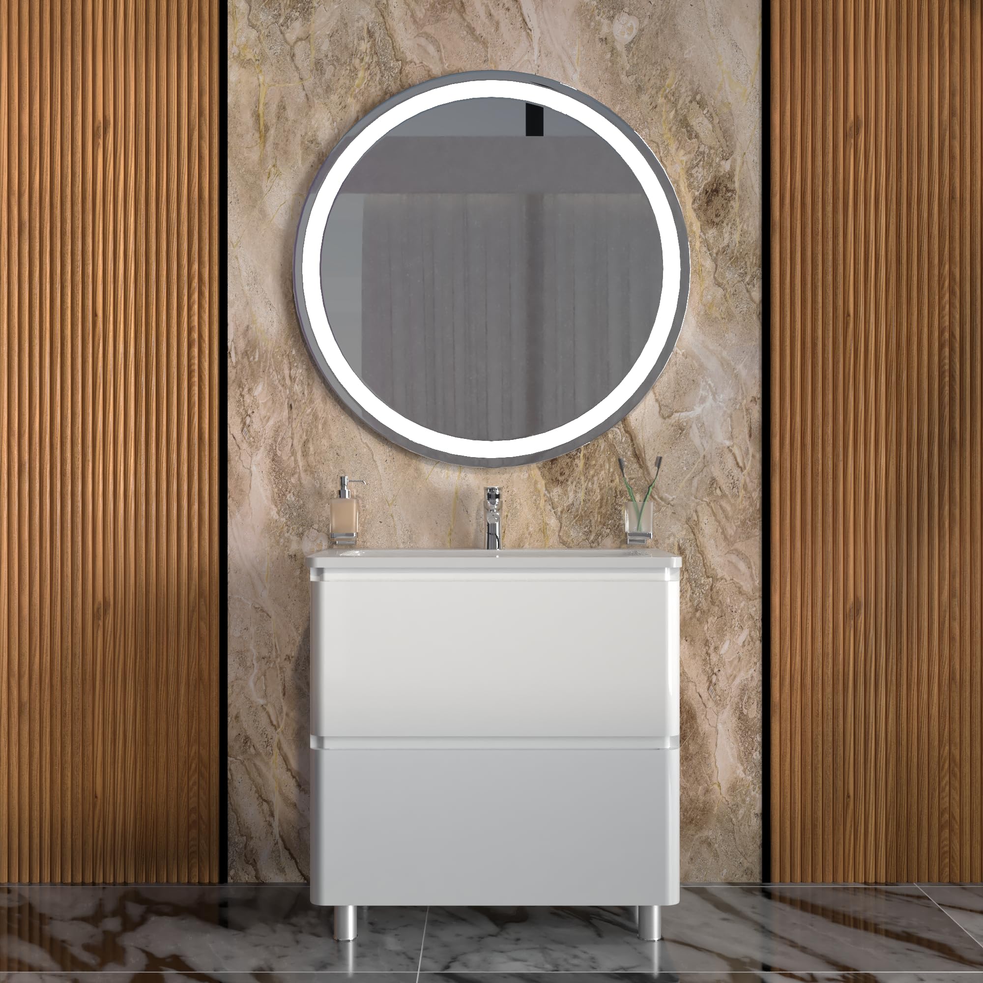 Modern Free Standing Bathroom Vanity with Washbasin | Comfort White High Gloss Collection | Non-Toxic Fire-Resistant MDF-40-Omega Collection R-line 32"