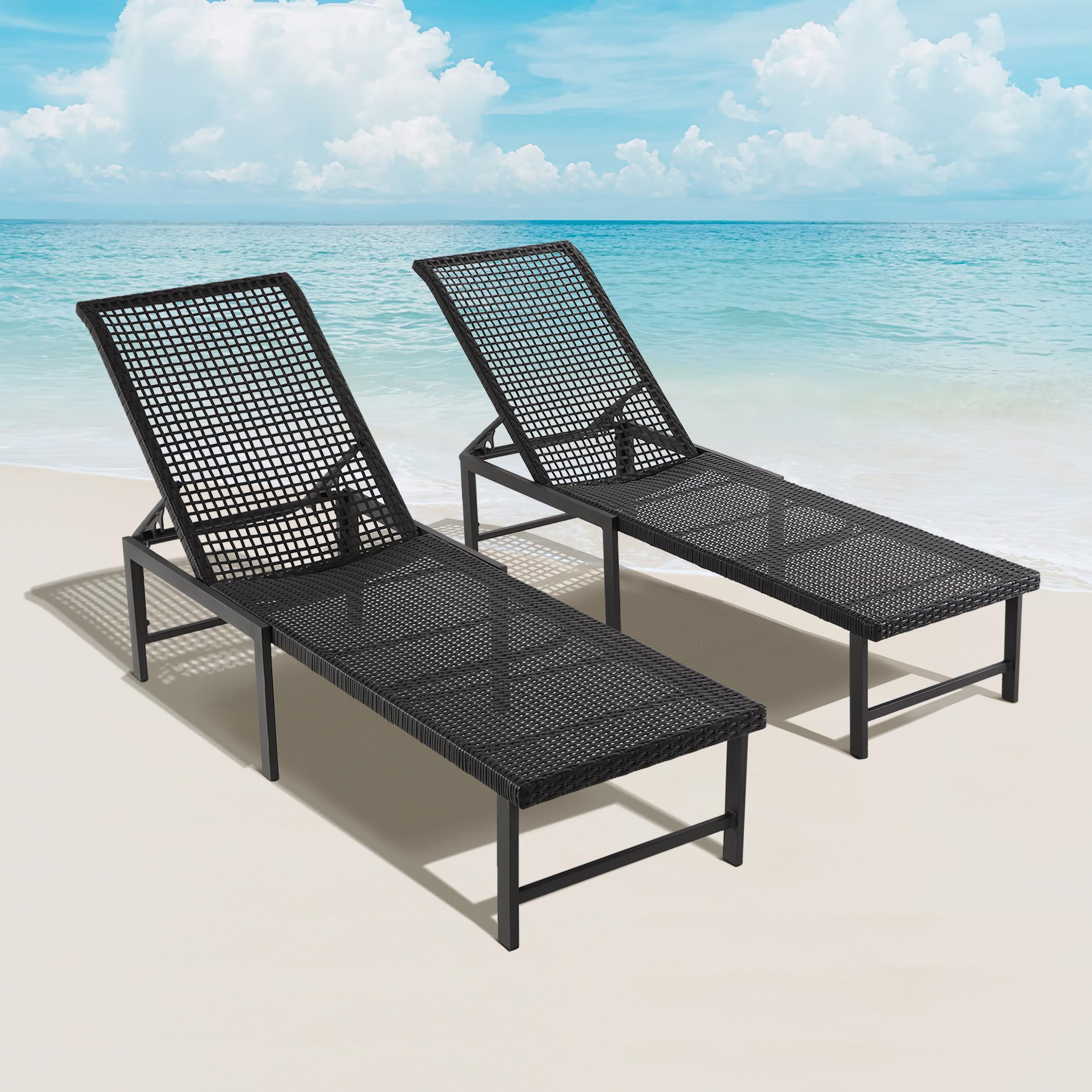 Eongdn Chaise Lounge Outdoor, Hand-Woven Rattan Pool Lounge Chairs Set of 2, Aluminum Frame 5 Level Adjustable, Lounge Chairs for Outside, Poolside, Deck, Beach, Dark Grey