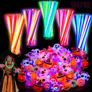 amenon 150 pcs halloween party favors for kids 100 glow sticks and 50 halloween led light up rings halloween glow in the dark toy gifts halloween goodies bag fillers party supplies for kids