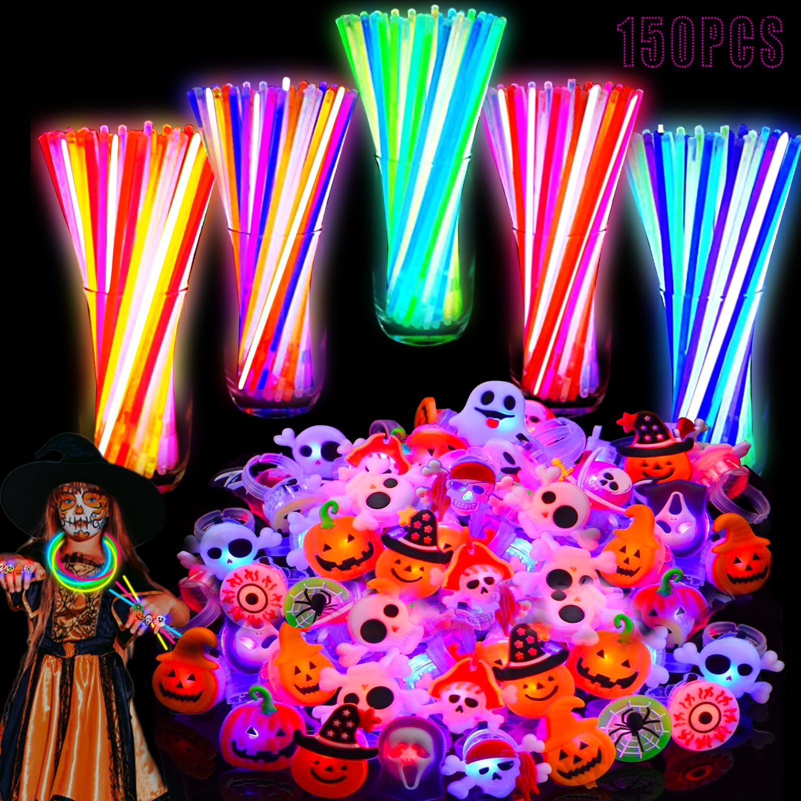 AMENON 150 Pcs Halloween Party Favors for Kids 100 Glow Sticks and 50 Halloween LED Light Up Rings Halloween Glow in The Dark Toy Gifts Halloween Goodies Bag Fillers Party Supplies for Kids