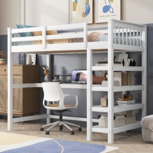 merax wood loft bed with desk : twin size loft bed with 4-storage shelves and under-bed desk solid wood bed, white