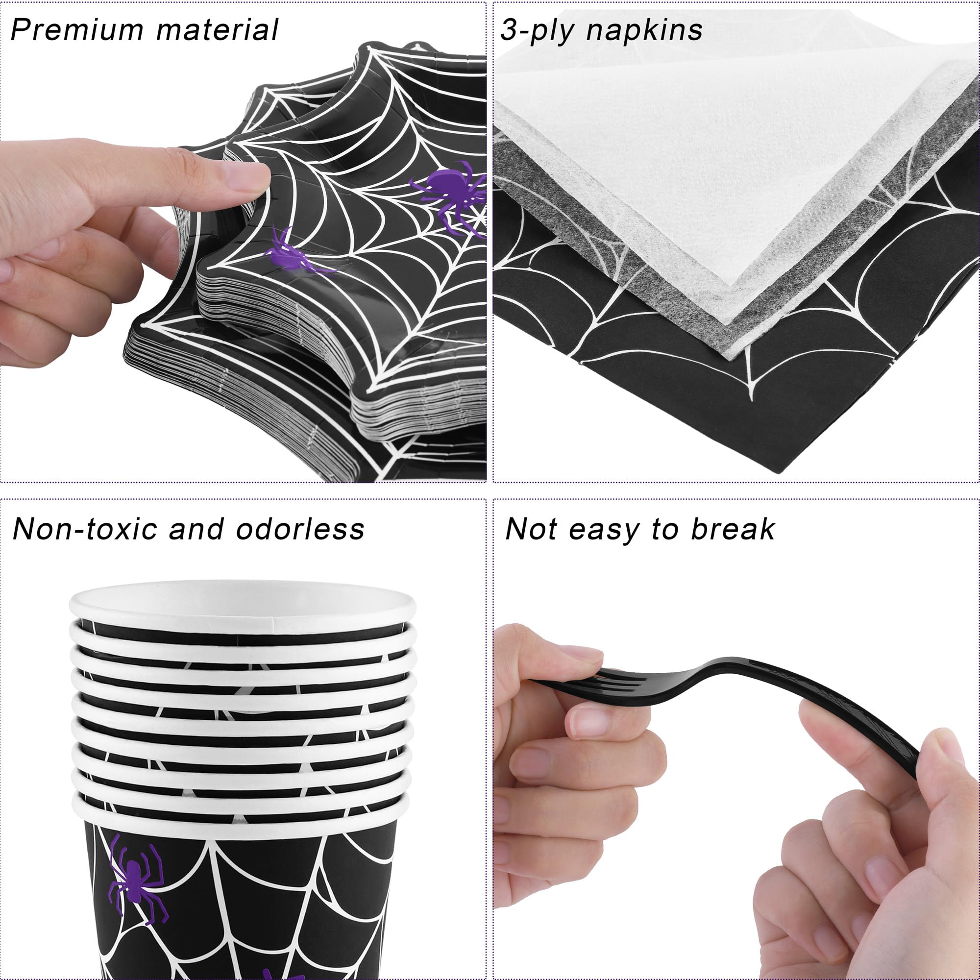 durony 201 Pieces Halloween Spider Web Party Supplies Tableware Set Including Halloween Spiderweb Disposable Paper Plates Cups Napkins Knives Forks Spoons Straws Tablecloth Serves for 25