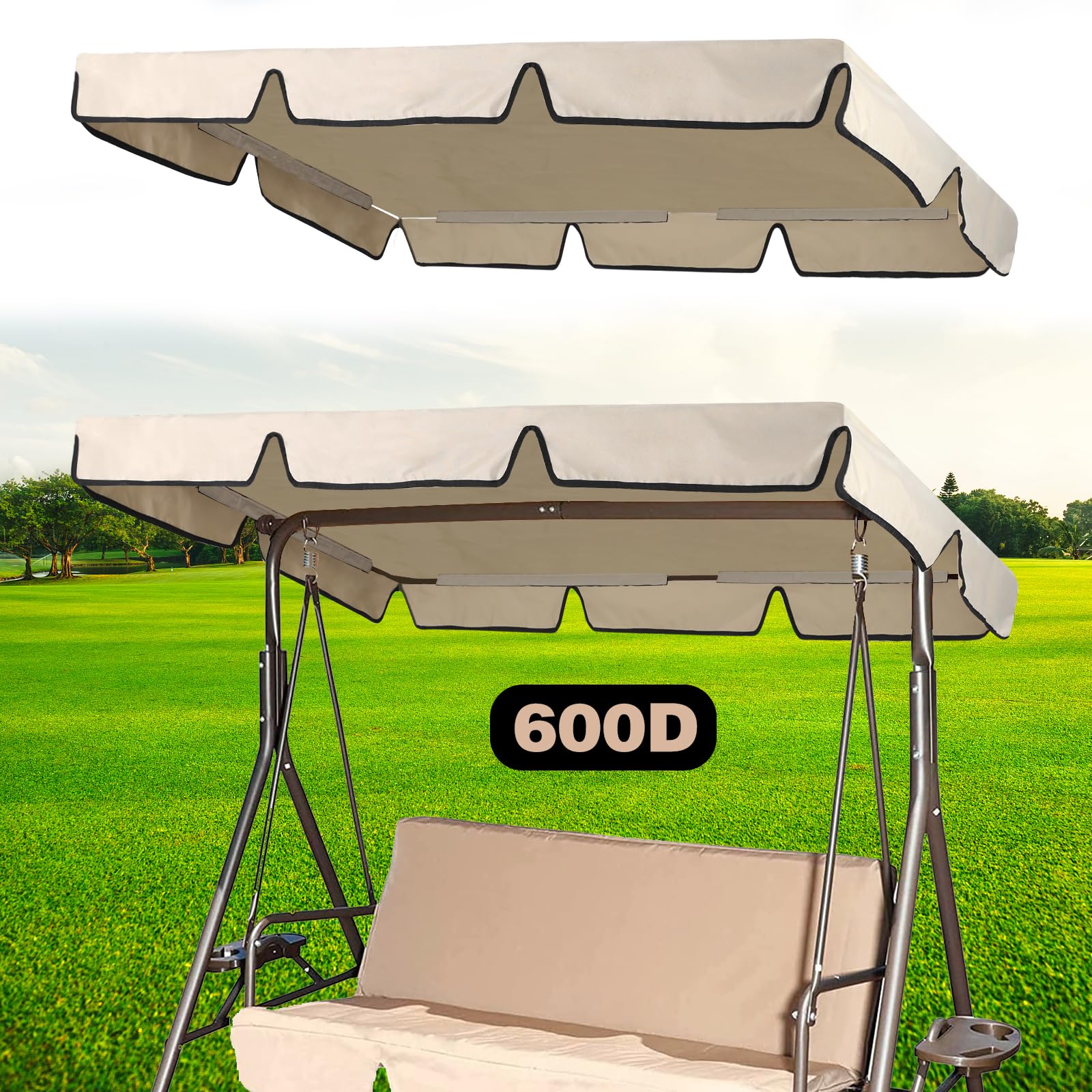 CHENGWEI 600D Outdoor Swing Canopy Replacement Top,Waterproof Patio Swing Canopy Replacement,3 Seat Porch Swing Canopy Replacement Sunshade and Rainproof(77" W x 43" D x 5.9" H Beige)