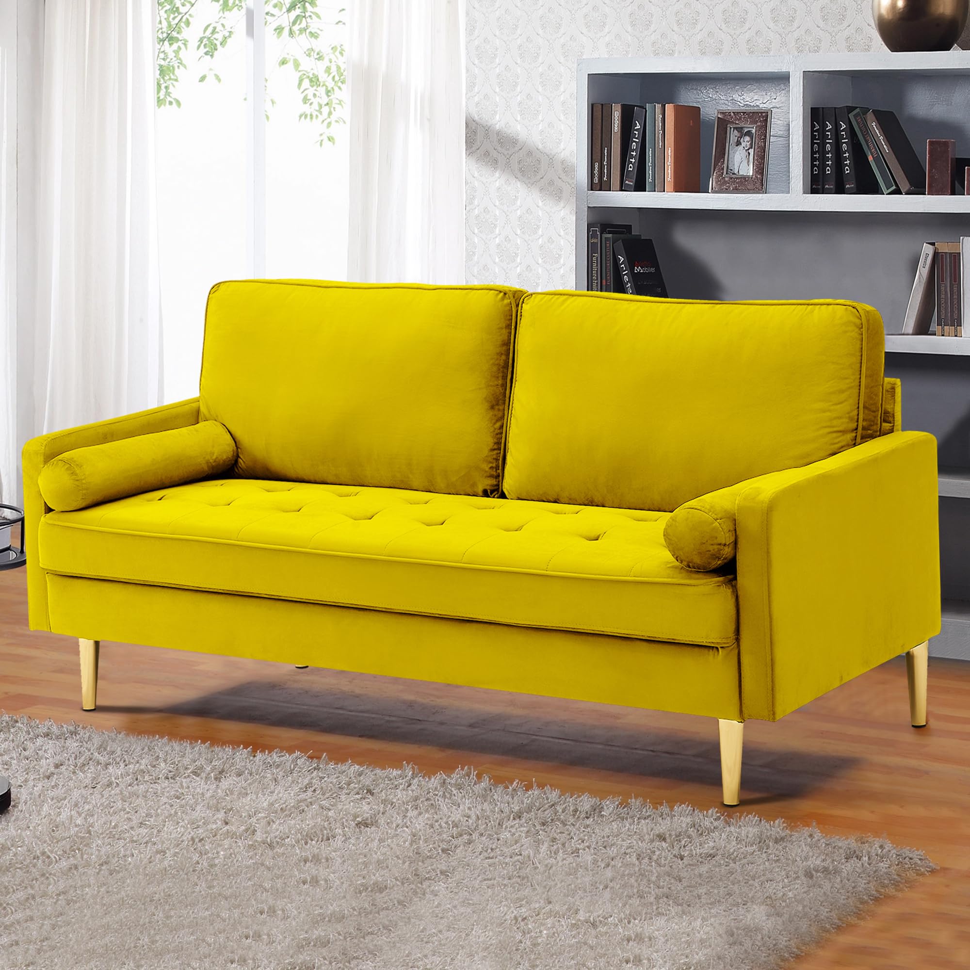 PEIHONGET 67" Mid Century Modern Loveseat Sofa, 2-Seater Velvet Tufted Love Seat Couch with Bolster Pillows, Golden Frosted Legs for Small Space, Living Room, Apartment, Bedroom (Yellow)