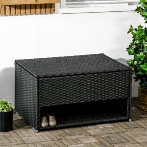 Outsunny Outdoor Deck Box and Shoe Storage, PE Rattan Wicker Towel Rack with Liner for Indoor, Outdoor, Patio Furniture Cushions, Pool, Toys, Garden Tools, Black