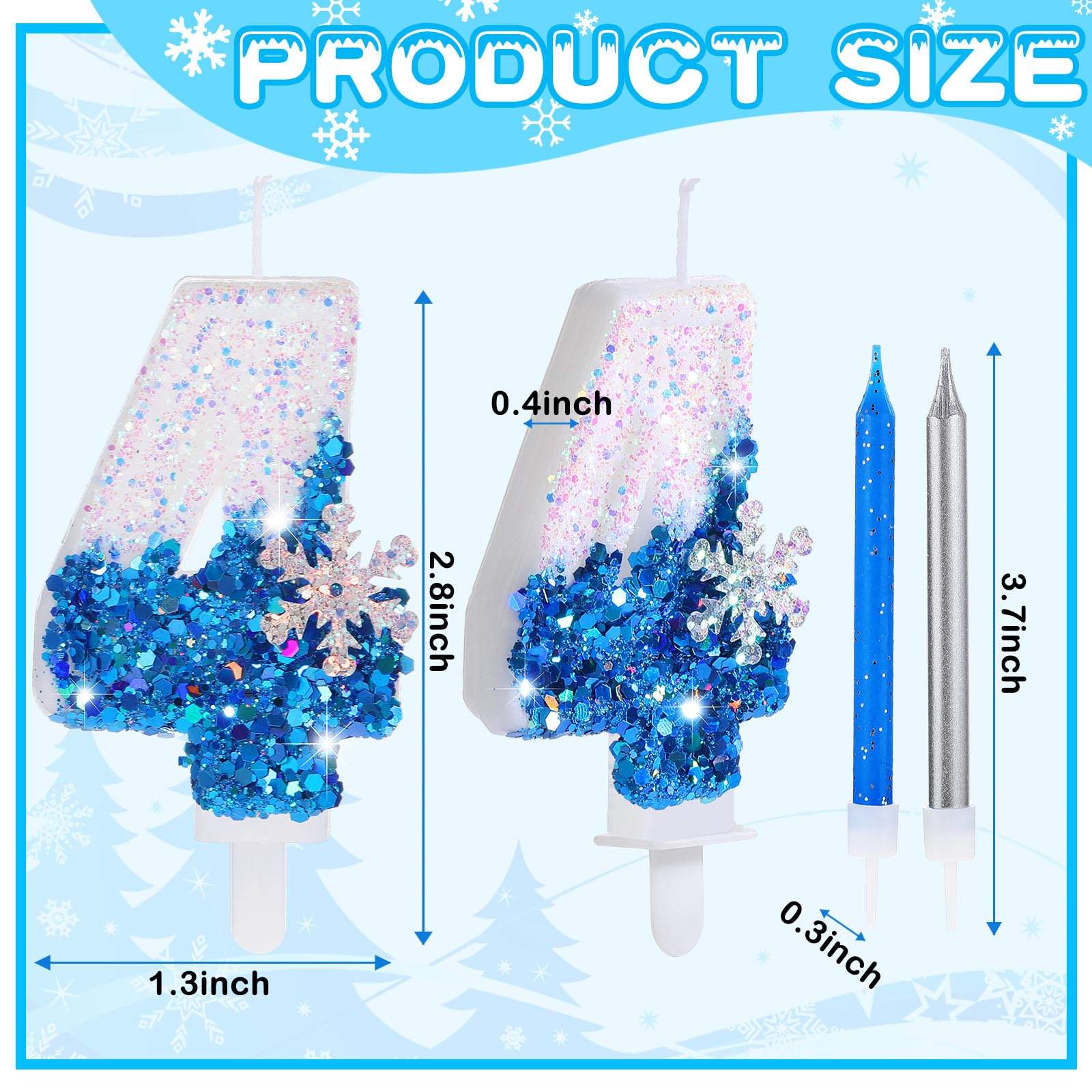 Herdear 2.8" Frozen Birthday Candles Snowflake Number Candles with 10 Pcs Long Thin Candles Blue Number 0-9 for Cake Topper Birthday Frozen Birthday Supplies(Number 4)