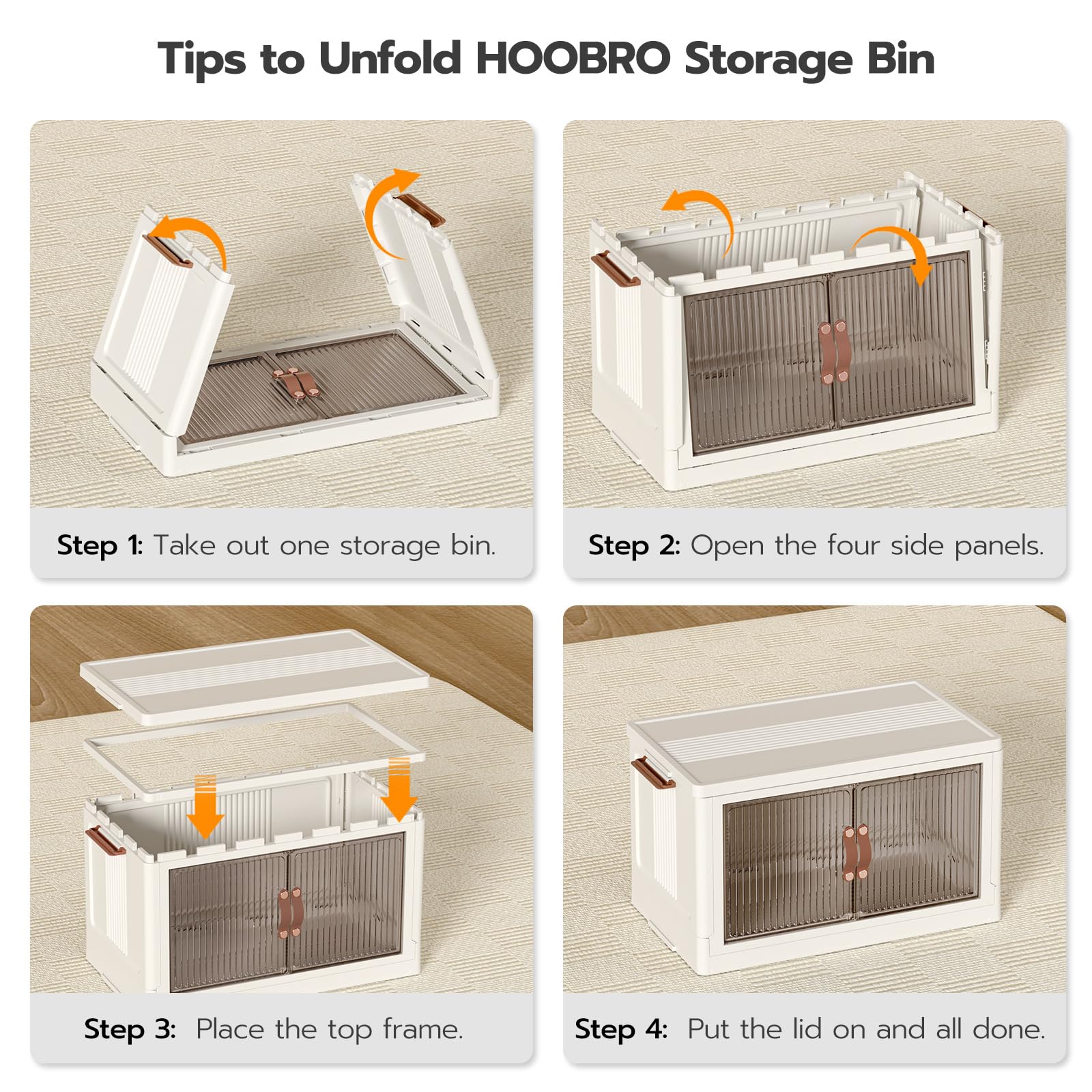 HOOBRO 11 Gal Plastic Storage Bins with Lids, 4 Tiers Folding Stackable Storage Bins with Doors and Wheels, Collapsible Storage Cabinet, Closet Organizers and Storage Containers, White WG442CW01