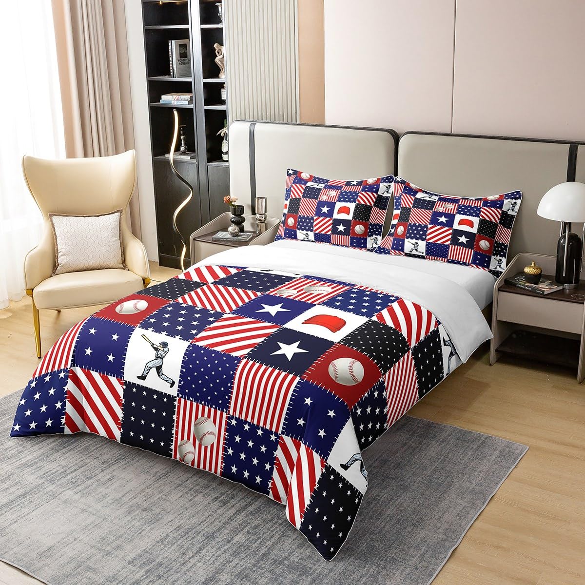 Castle Fairy Baseball Theme 100% Cotton Duvet Cover,Red Blue Geometric Stripe Check Breathable Comforter Cover,American Flag Stars Pattern Bedding Set 3 Pcs with Zipper Closure Queen Size