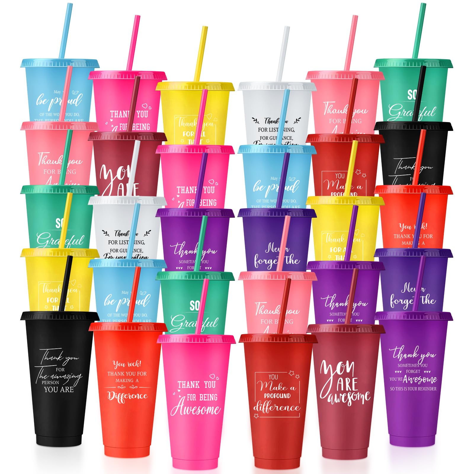 Bokon 30 Pcs Employee Appreciation Gifts 24oz Plastic Cups with Lids and Straws Thank You Gifts for Staff Coworker Reusable Tumblers Thank You Cups for Teacher Nurse(Appreciation)