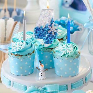 Herdear 2.8" Frozen Birthday Candles Snowflake Number Candles with 10 Pcs Long Thin Candles Blue Number 0-9 for Cake Topper Birthday Frozen Birthday Supplies(Number 4)