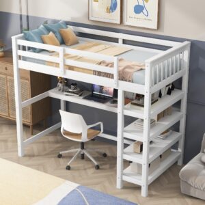 Merax Wood Loft Bed with Desk : Twin Size Loft Bed with 4-Storage Shelves and Under-Bed Desk Solid Wood Bed, White