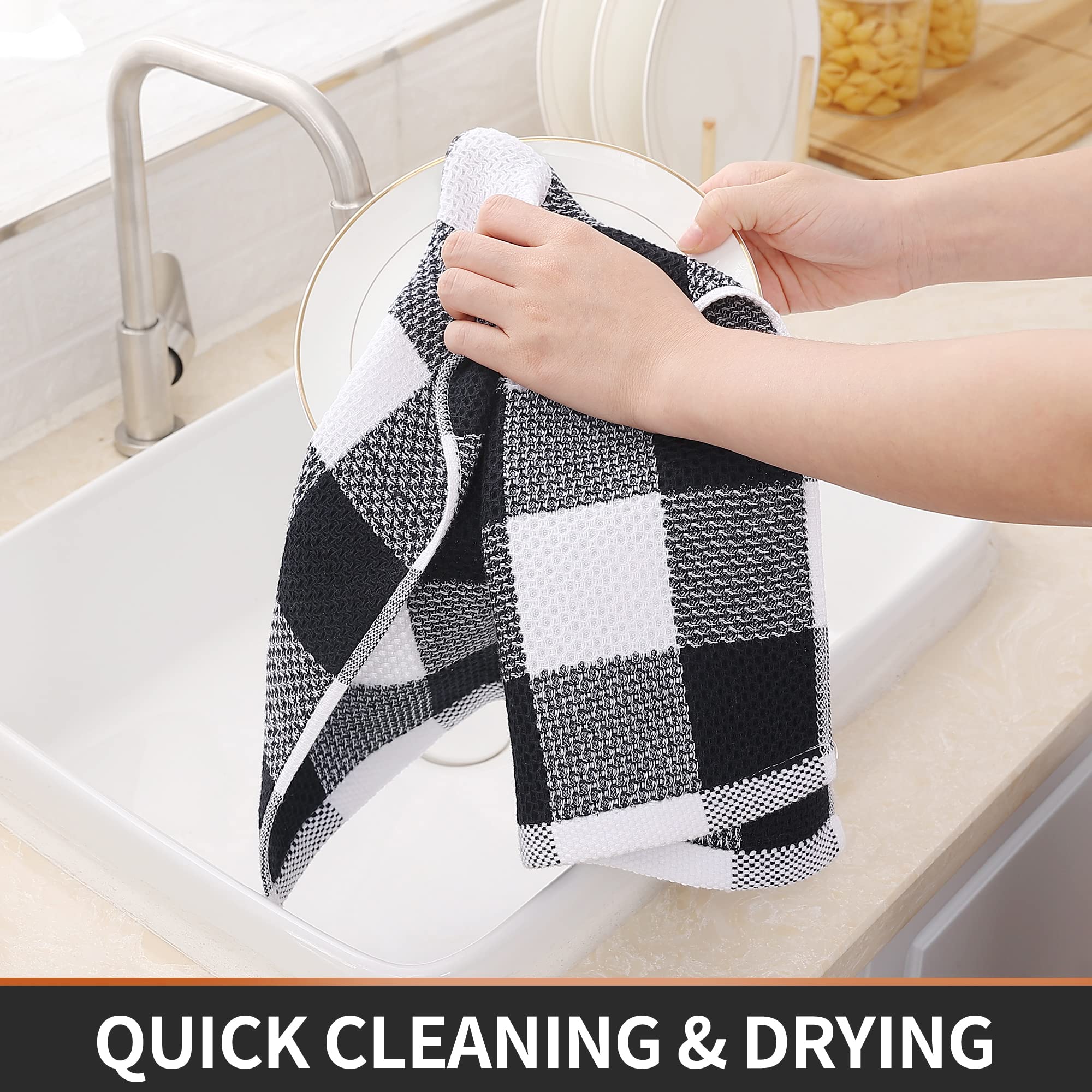 Homaxy Kitchen Towels and Dishcloths Set, 12 x 12 and 13 x 28 Inches, Set of 8 Bulk Cotton Waffle Weave Check Plaid Kitchen Towels, Super Soft and Absorbent Dish Towels, White & Black