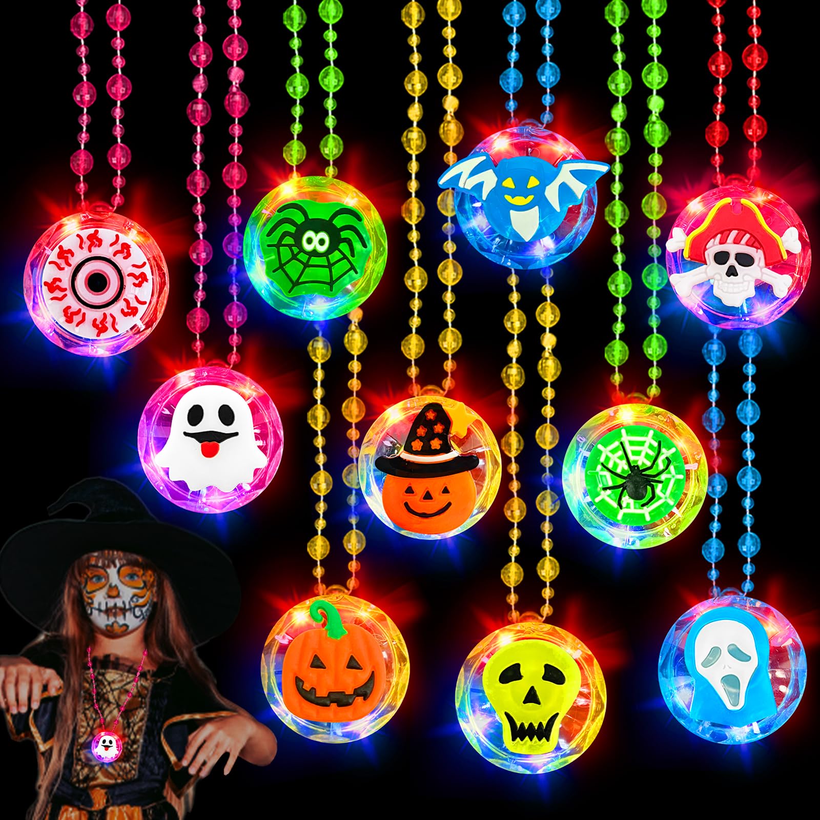 AMENON 20 Pcs Halloween Party Favors for Kids, 10 Styles LED Light Up Necklaces Halloween Toys Gifts Spider Ghost Glow in the Dark Trick or Treat Toys Party Supplies Halloween Treat Goodie Bag Fillers