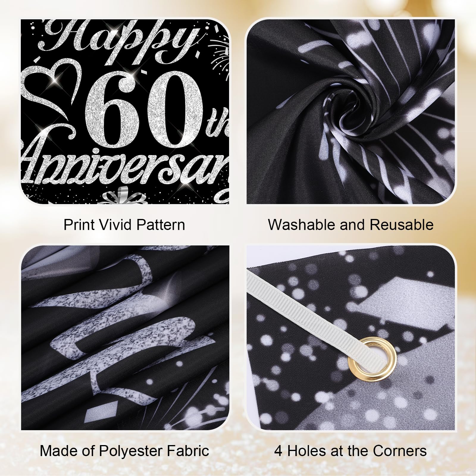 Rumia 60th Anniversary Decorations Black Silver Happy 60th Banner 60th Diamond Wedding for 60th Anniversary, Party 72.8x43.3 inches A818L1B1