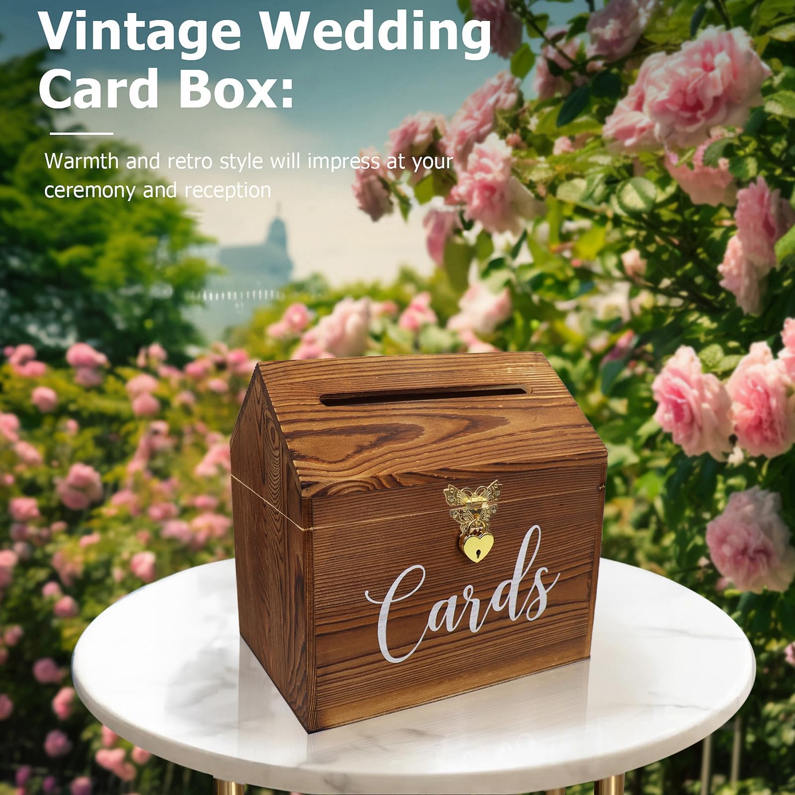 Yamahiko Card Box Wedding Card Box for Reception, Vintage Large Wedding Gift Card Holder Box with Heart Lock, Big Wedding Card Envelope Holder Box with Lid Wood Card Box for Wedding Party