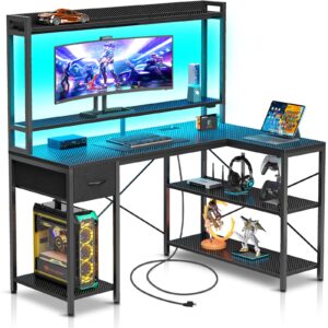 seventable gaming desk with led light & power outlets, 47 inch computer desk with shelves, reversible l shaped desk with monitor stand, corner desk for small space, carbon fiber black