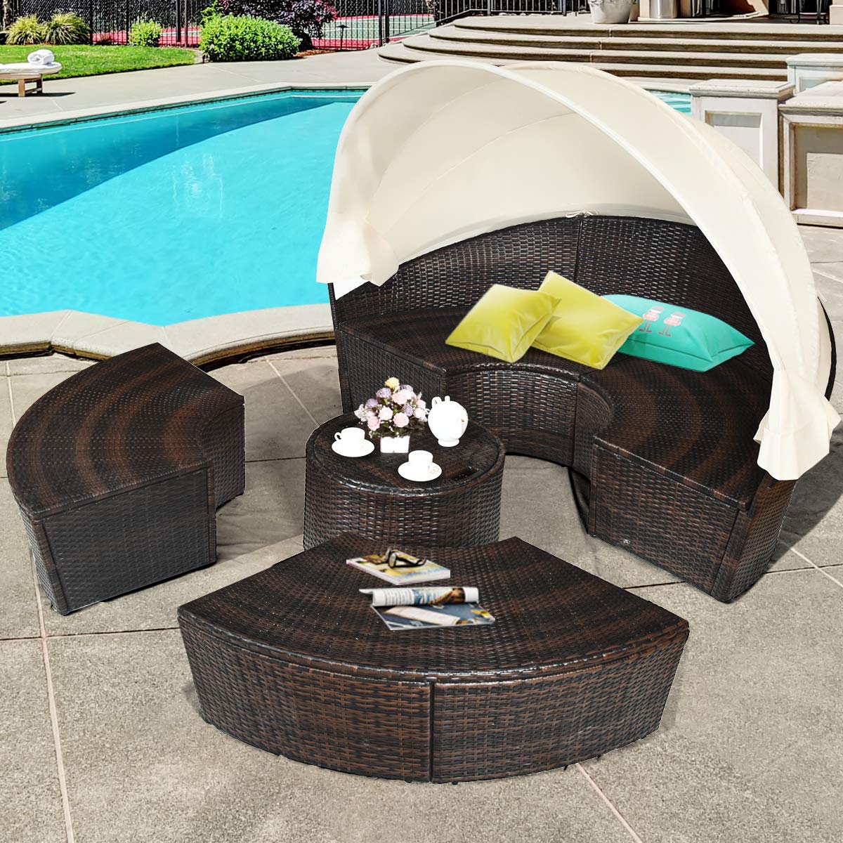 COSTWAY Patio Round Daybed with Retractable Canopy, Wicker Furniture Sectional Couch with Separate Cushioned Seats, Adjustable Table Top, Patio Rattan Daybed Sofa for Patio, Backyard, Poolside, White