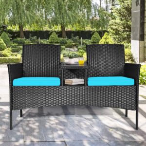 COSTWAY 2-Seat Patio Conversation Sets, Outdoor Patio Loveseat Set with Removable Cushions & Built-in Coffee Table for Backyard, Garden, Lawn, Balcony, Black+Turquoise