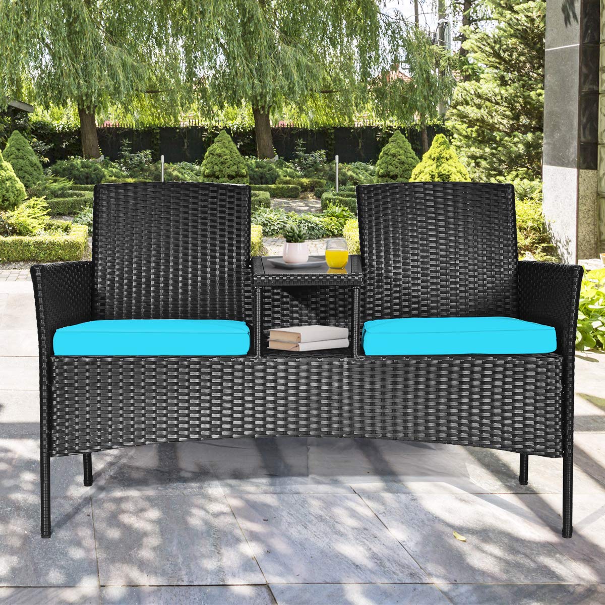 COSTWAY 2-Seat Patio Conversation Sets, Outdoor Patio Loveseat Set with Removable Cushions & Built-in Coffee Table for Backyard, Garden, Lawn, Balcony, Black+Turquoise