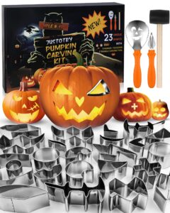 justotry halloween pumpkin carving set 26pcs pumpkin face shape cookie cutters tool easy & safe adults kids diy, stainless steel 23 molds with 3 tools for decoration decorating stencils metal