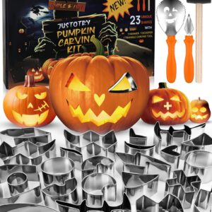 JUSTOTRY Halloween Pumpkin Carving Set 26Pcs Pumpkin Face Shape Cookie Cutters Tool Easy & Safe Adults Kids DIY, Stainless Steel 23 Molds with 3 Tools for Decoration Decorating Stencils Metal