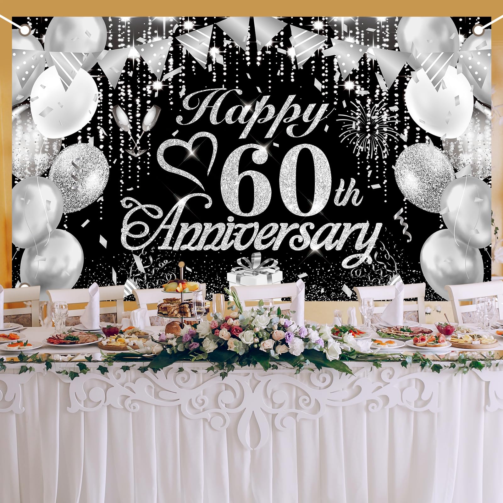 Rumia 60th Anniversary Decorations Black Silver Happy 60th Banner 60th Diamond Wedding for 60th Anniversary, Party 72.8x43.3 inches A818L1B1