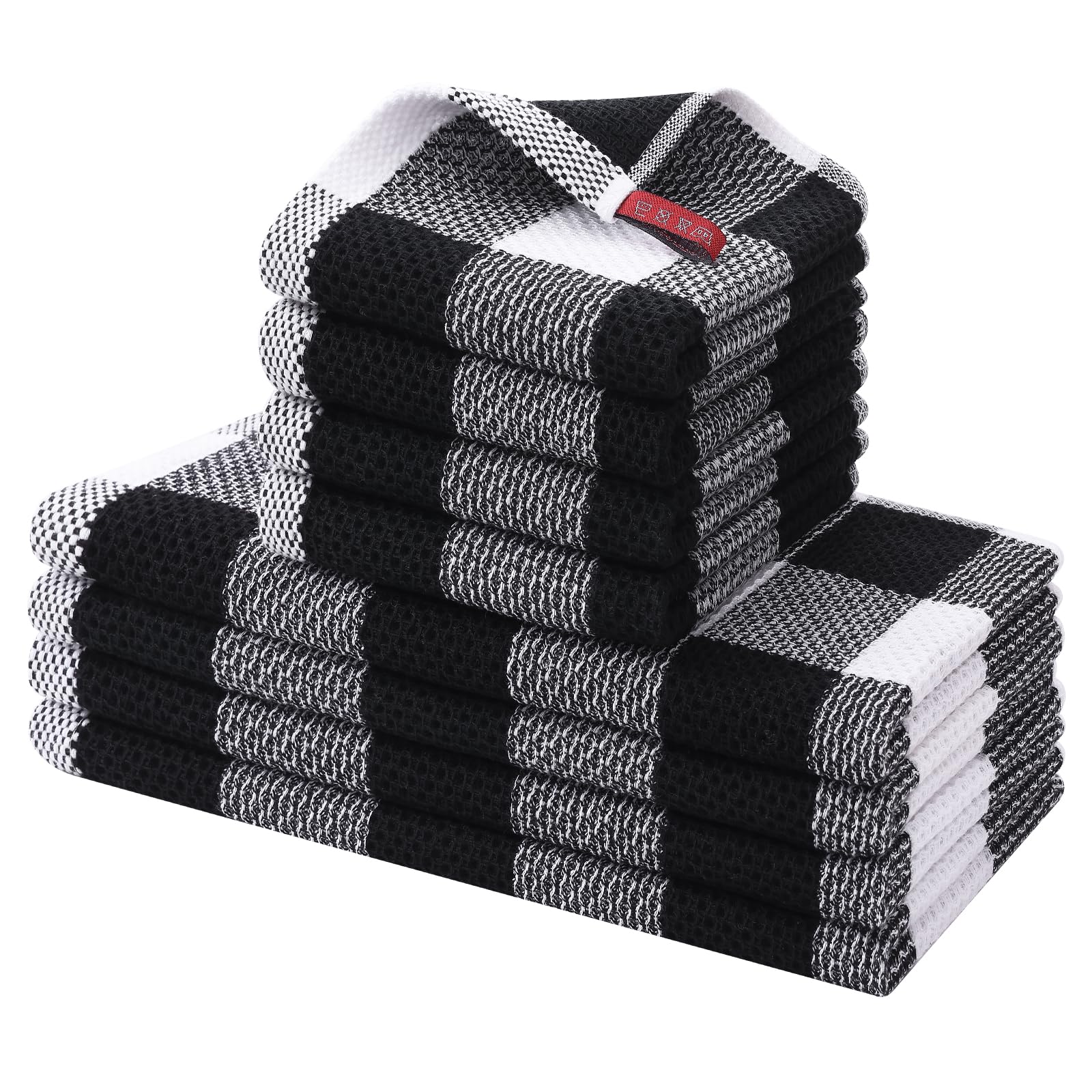 Homaxy Kitchen Towels and Dishcloths Set, 12 x 12 and 13 x 28 Inches, Set of 8 Bulk Cotton Waffle Weave Check Plaid Kitchen Towels, Super Soft and Absorbent Dish Towels, White & Black