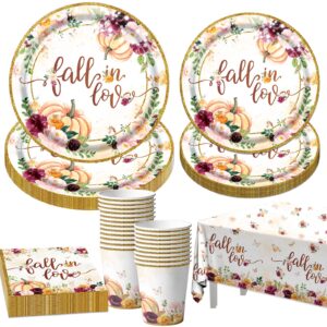 fall in love bridal shower decorations,fall floral pumpkin disposable tableware set includes fall dinner plate,tablecloths,cup for bridal shower,anniversary,wedding decorations