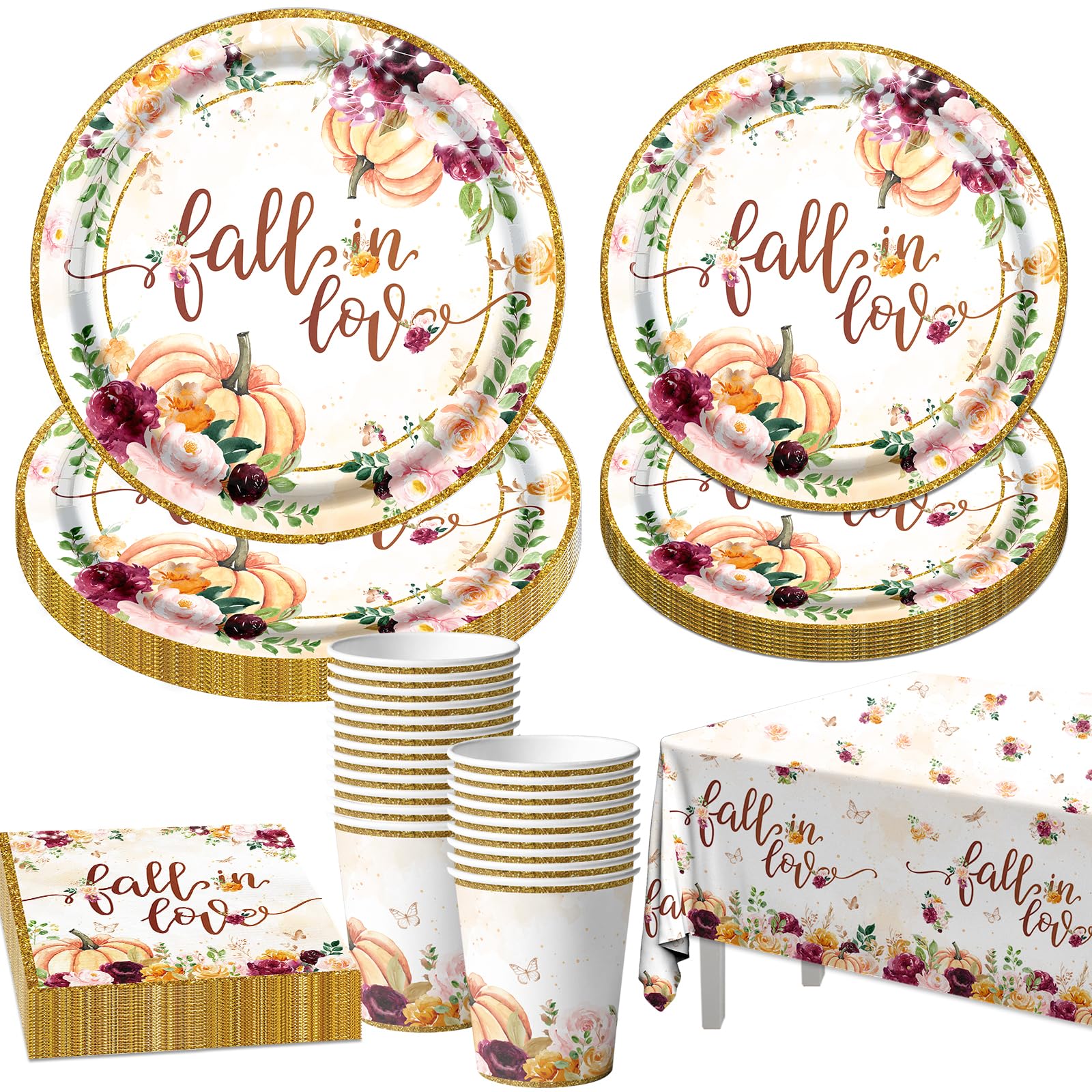 Fall in Love Bridal Shower Decorations,Fall Floral Pumpkin Disposable Tableware Set Includes Fall Dinner Plate,Tablecloths,Cup for Bridal Shower,Anniversary,Wedding Decorations