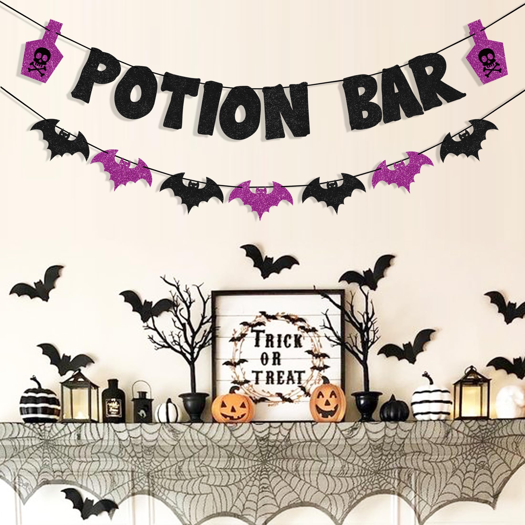 Uniwish Potion Bar Banner Black and Purple Bat Bunting Halloween Decorations Hocus Pocus Witches Party Supplies Decor Halloween Potion Bar Sign