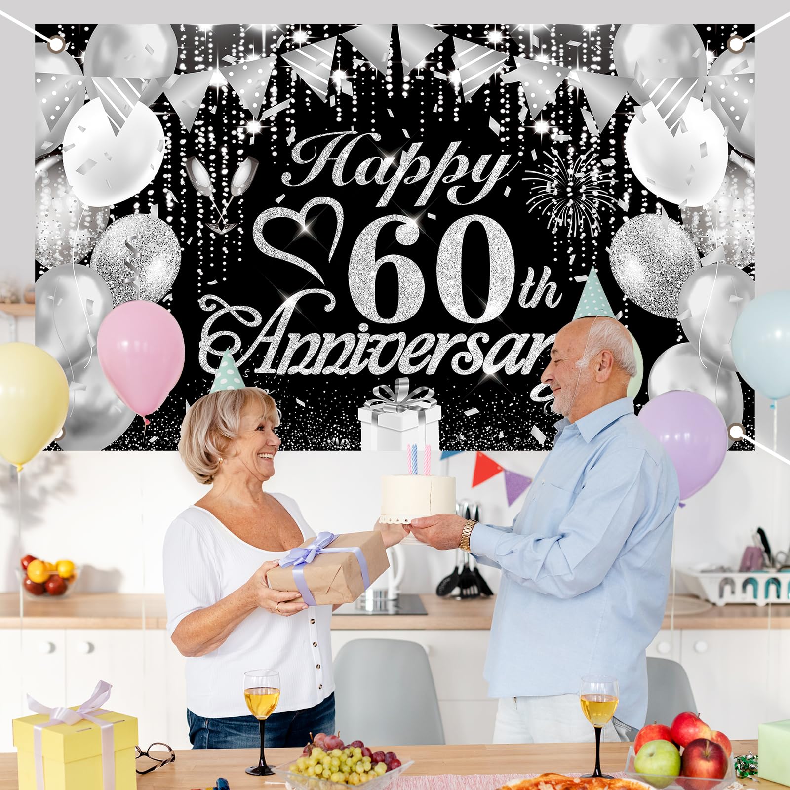 Rumia 60th Anniversary Decorations Black Silver Happy 60th Banner 60th Diamond Wedding for 60th Anniversary, Party 72.8x43.3 inches A818L1B1