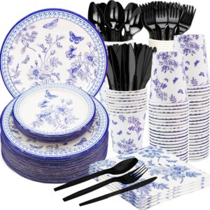 175pcs blue white floral party supplies set 9"blue white floral dinner plate 7"floral dessert plate napkins cup knive fork spoon for bridal shower wedding tea party floral birthday party decor serve25