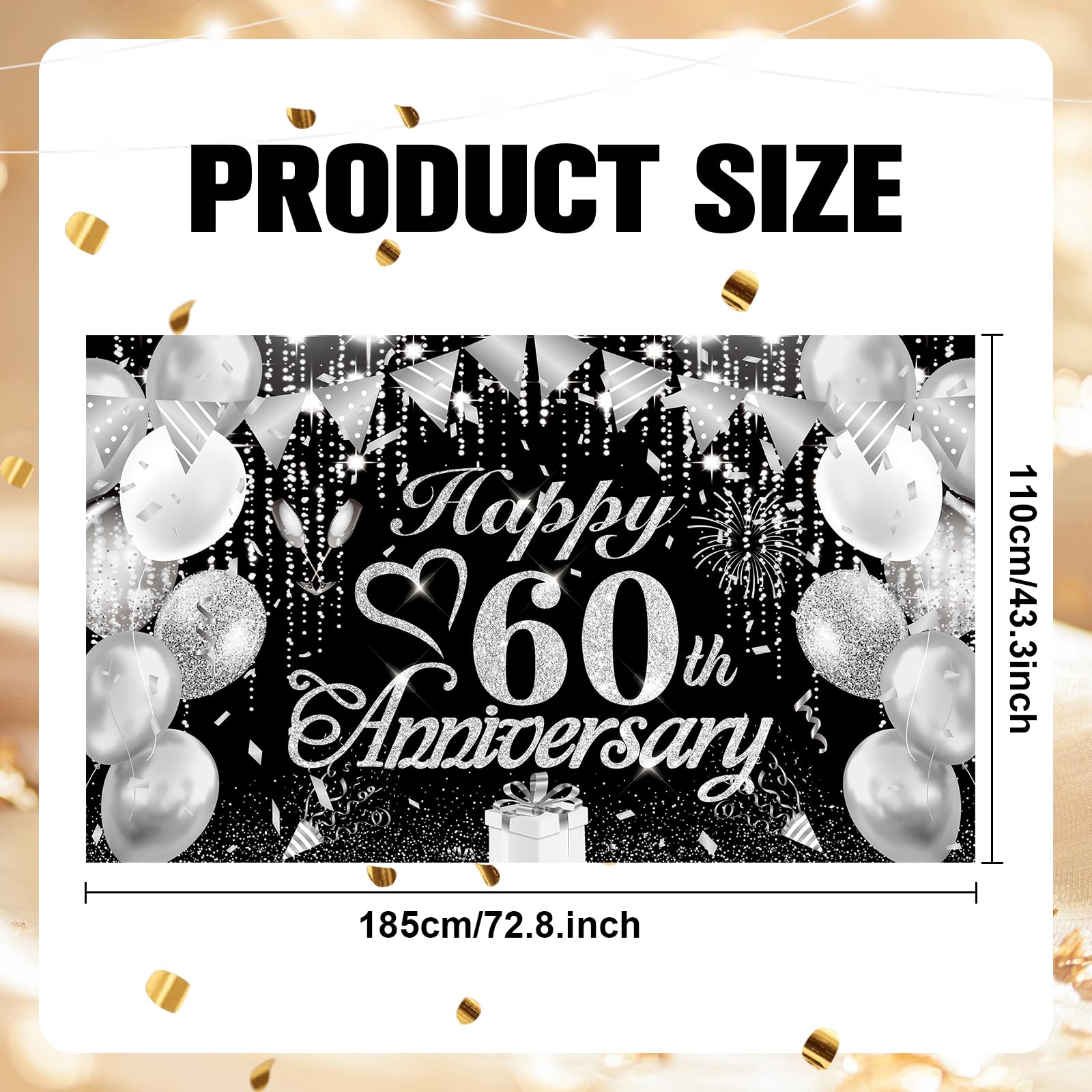 Rumia 60th Anniversary Decorations Black Silver Happy 60th Banner 60th Diamond Wedding for 60th Anniversary, Party 72.8x43.3 inches A818L1B1