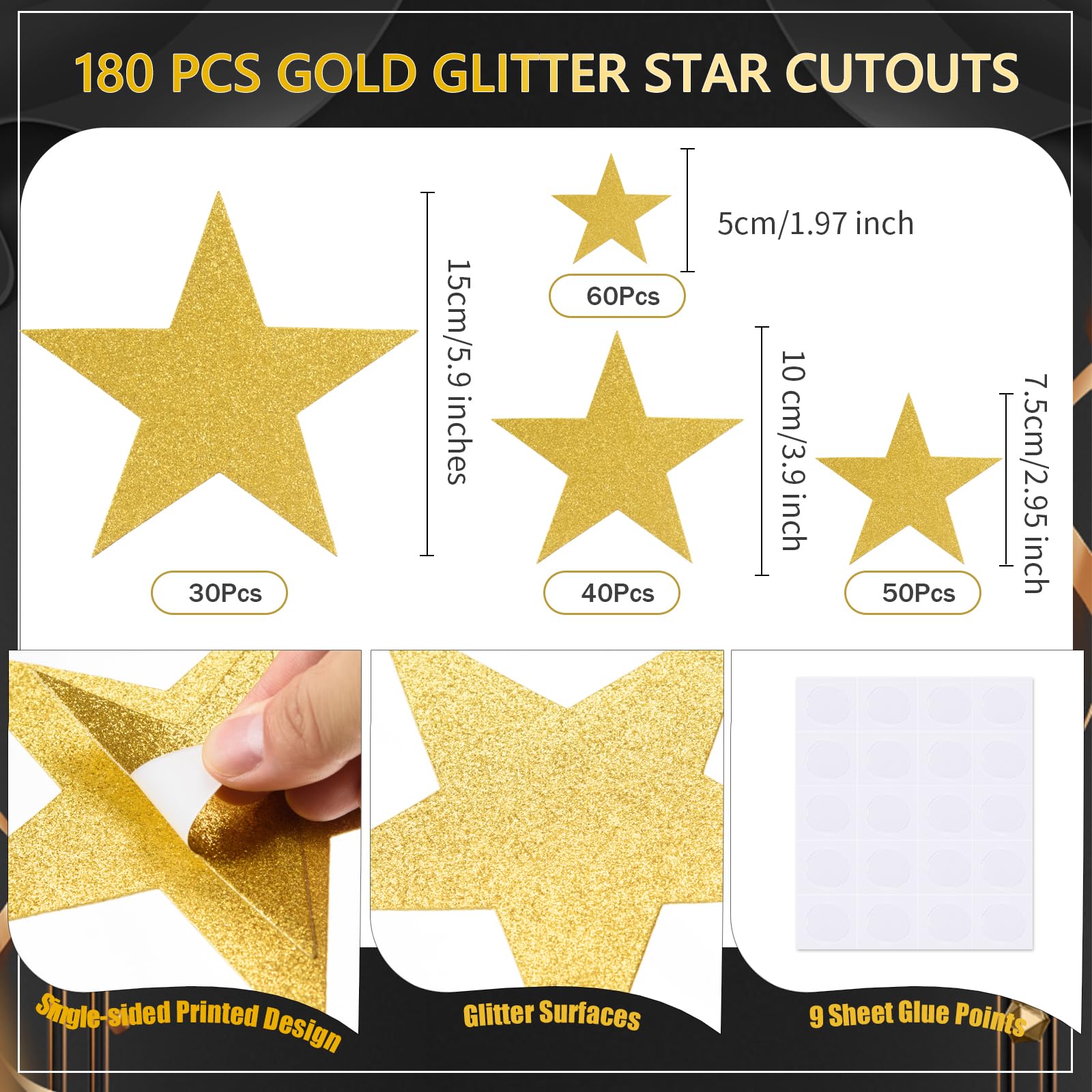 180 Pcs Gold Glitter Star Cutouts Paper Five Star Cutouts Gold Glitter Stars Confetti Decorations Gold Star Cutouts for Bulletin Board Stars Classroom Christmas Party Wall Decoration Supply,4 Sizes