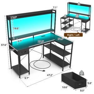 Seventable Gaming Desk with LED Light & Power Outlets, 47 inch Computer Desk with Shelves, Reversible L Shaped Desk with Monitor Stand, Corner Desk for Small Space, Carbon Fiber Black